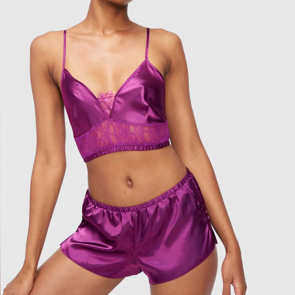 NWT FREDERICKS Delphine Satin And Lace Bralette and Shorts Sleep Set Small